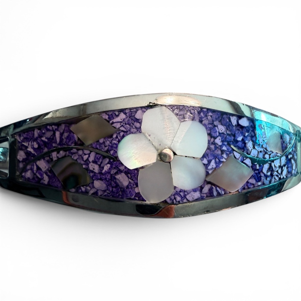 Taxco Mexico Sterling Silver Mother of Pearl Purple Inlay Floral Bangle Bracelet